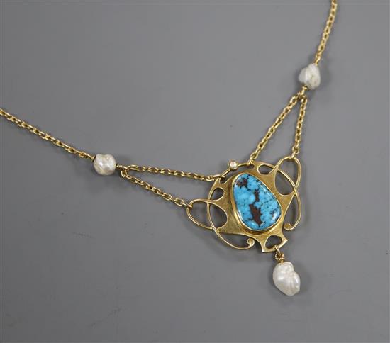 An early 20th century Art Nouveau 15ct, turquoise and baroque pearl set pendant necklace by Murrle Bennett & Co, pendant length 35mm